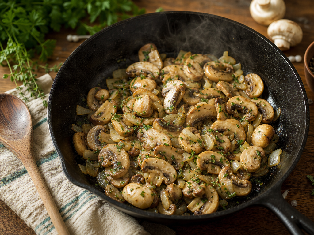Sliced white button mushrooms sautéing in a pan with onions and herbs