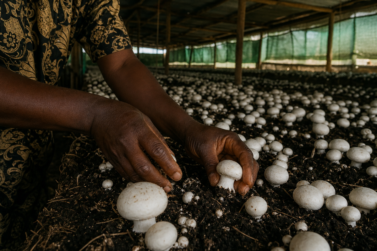 Hands harvesting white button mushrooms from compost beds in the growing house