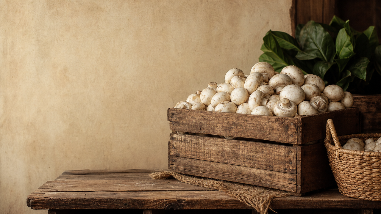 A wooden crate of freshly harvested white button mushrooms